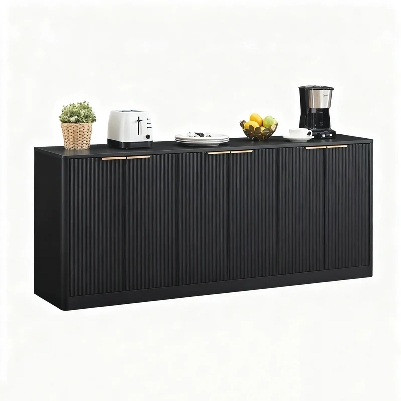 Buffet noir 6 portes façade ondulé et détails dorés 170x40x70,5cm VERTEXKRYOSYNOR