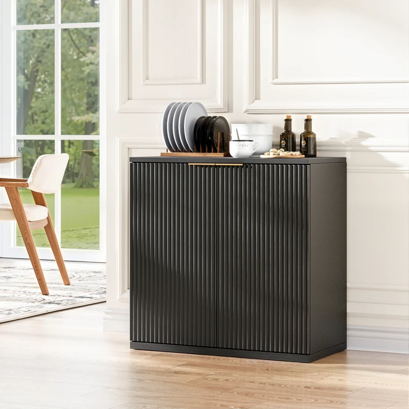 Buffet noir 2 portes façade texturée et détails dorés 60x30x70 cm VERTEXKRYOSYNATH