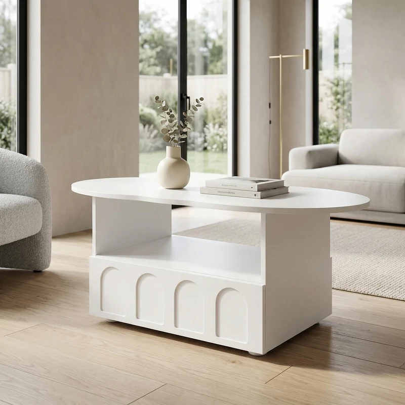 Table basse blanc forme nuage avec tiroir et niche 100x60x40,5 cm RIFTMYRKONOR