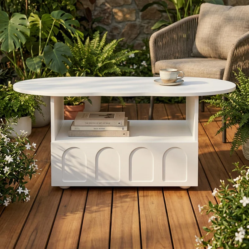 Table basse blanc forme nuage avec tiroir et niche 100x60x40,5 cm RIFTMYRKONOR