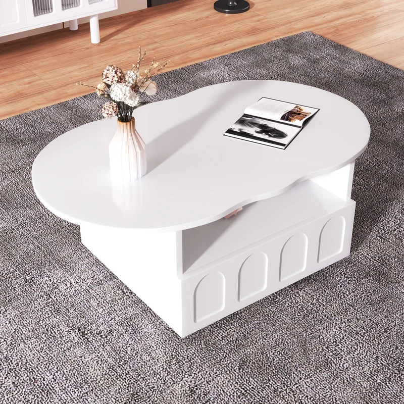 Table basse blanc forme nuage avec tiroir et niche 100x60x40,5 cm RIFTMYRKONOR