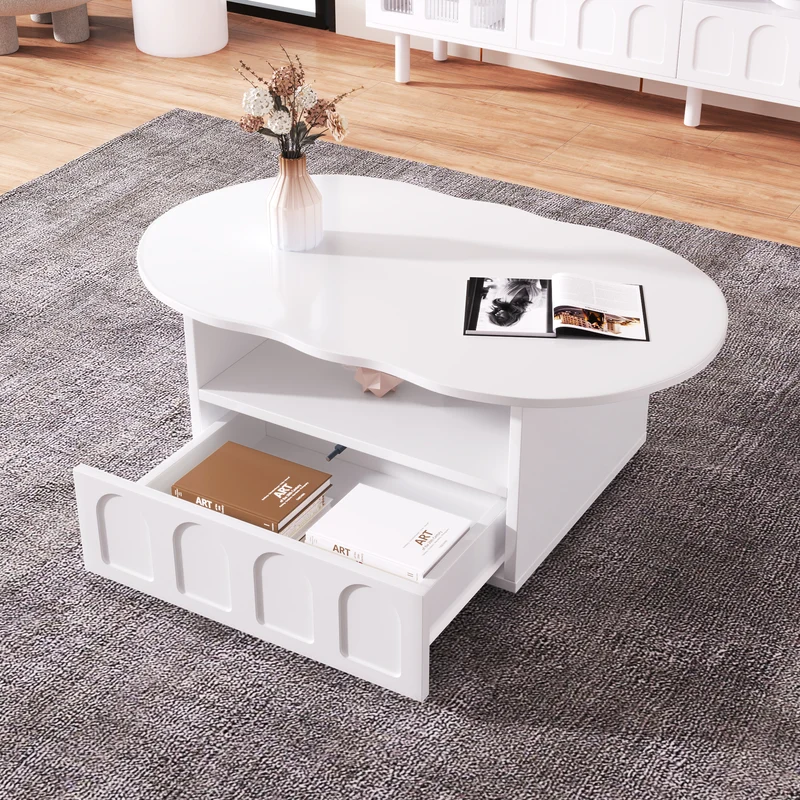 Table basse blanc forme nuage avec tiroir et niche 100x60x40,5 cm RIFTMYRKONOR