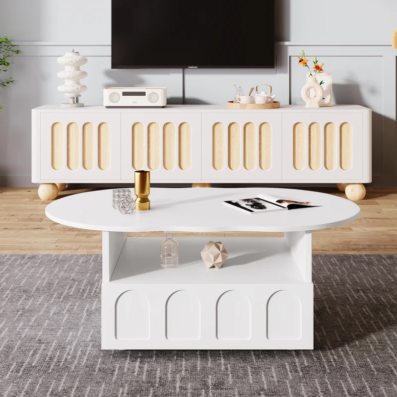 Table basse blanc forme nuage avec tiroir et niche 100x60x40,5 cm RIFTMYRKONOR