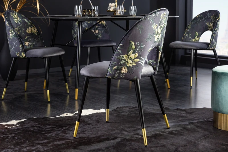 Lot de 2x chaises design PRÊT-À-PORTER en velours gris motif floral et embouts de pieds dorés