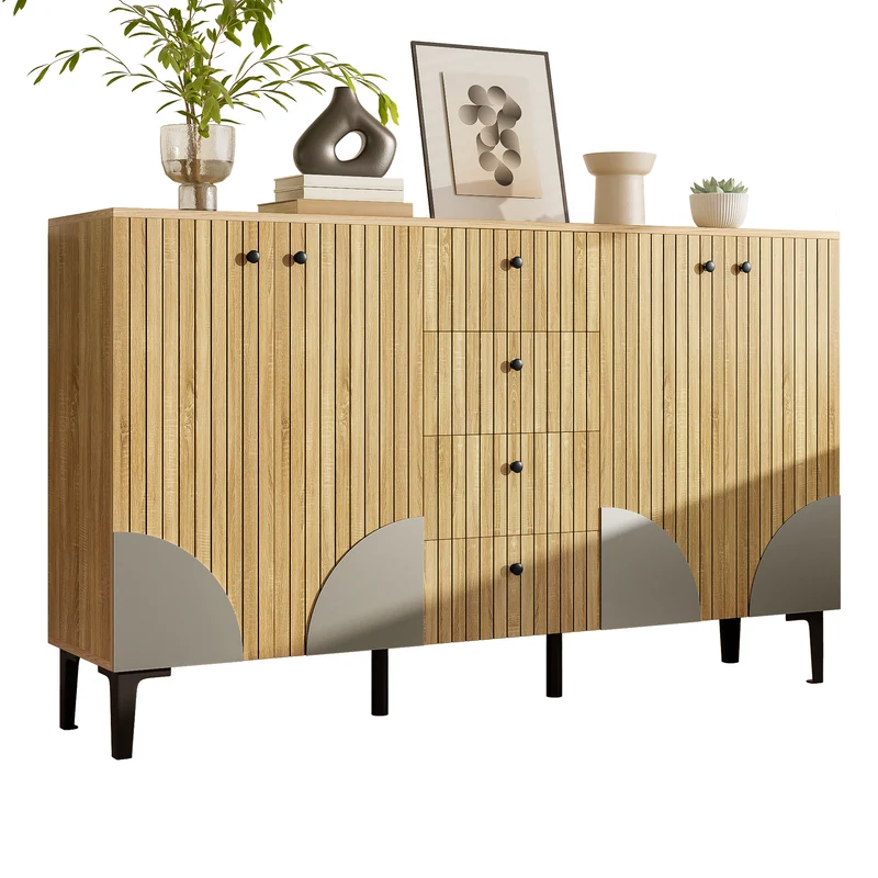 Buffet effet bois avec 4 portes cannelées 4 tiroirs 160x36x94cm RIFTKAELISYN