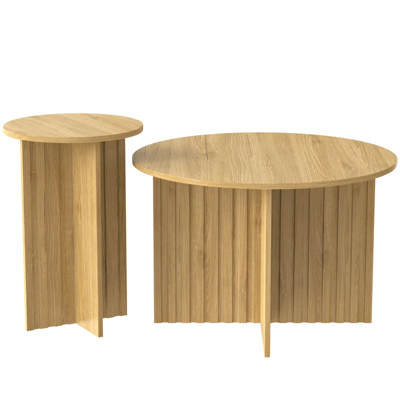 Ensemble de tables basses gigognes rondes effet bois piètement cannelé RIFTVYNRAKYN