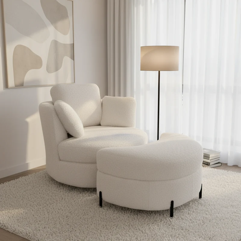 Fauteuil XXL moderne bouclé beige 3 coussins avec pouf ultra-confortable VERTEXZORATHYNATH