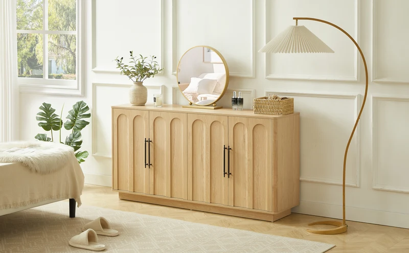 Buffet effet bois chêne motif d'arche gravé poignées noires 160*40*80cm VERTEXMYRKONATH