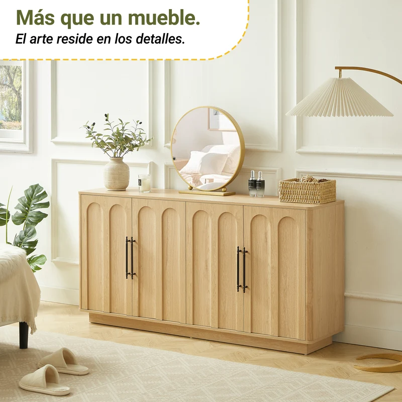 Buffet effet bois chêne motif d'arche gravé poignées noires 160*40*80cm VERTEXMYRKONATH