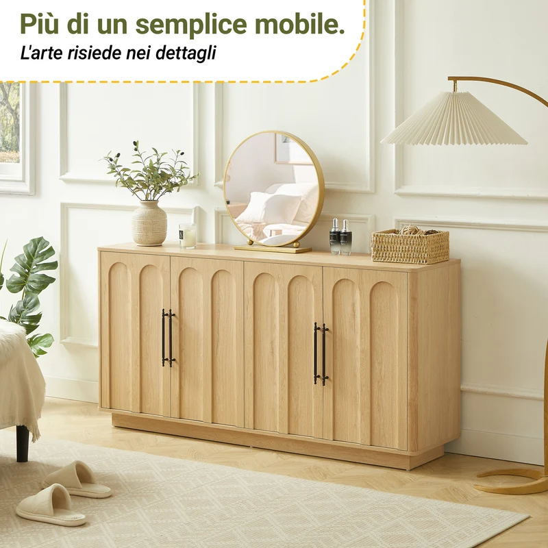 Buffet effet bois chêne motif d'arche gravé poignées noires 160*40*80cm VERTEXMYRKONATH