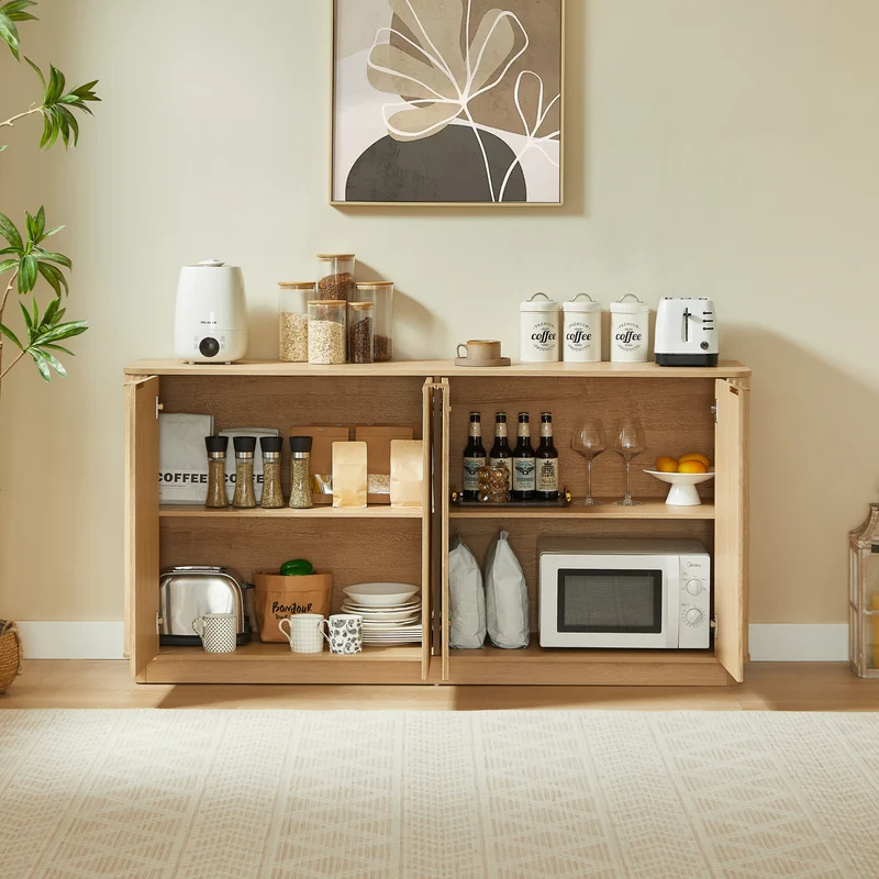 Buffet grand effet bois clair façade cannelée et finition dorée 160 x40x80 cm VERTEXZORVAKYNOR