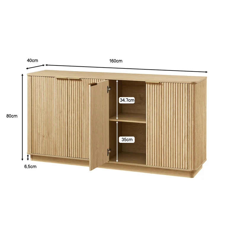 Buffet grand effet bois clair façade cannelée et finition dorée 160 x40x80 cm VERTEXZORVAKYNOR