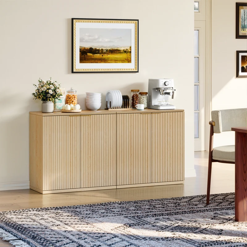 Buffet effet bois clair façade cannelée et finition dorée 80x40x80 cm VERTEXSYLTHYNOR