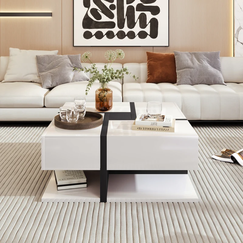 Table basse carrée brillant bicolore blanc et noir géométrique 4 tiroirs 78x78x36cm AEGISSYTH