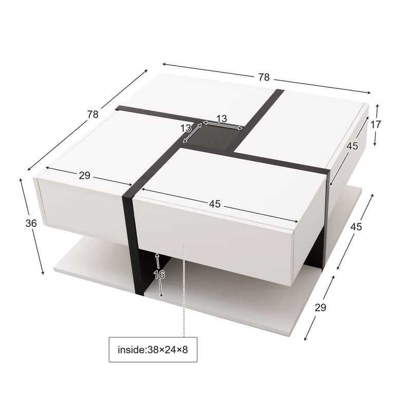 Table basse carrée brillant bicolore blanc et noir géométrique 4 tiroirs 78x78x36cm AEGISSYTH