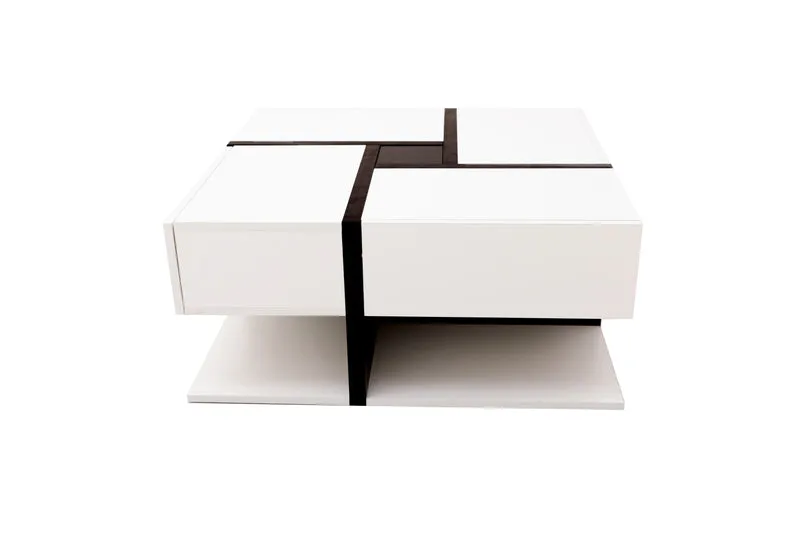 Table basse carrée brillant bicolore blanc et noir géométrique 4 tiroirs 78x78x36cm AEGISSYTH
