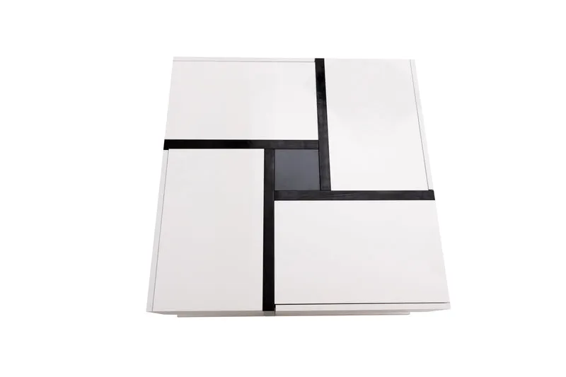 Table basse carrée brillant bicolore blanc et noir géométrique 4 tiroirs 78x78x36cm AEGISSYTH