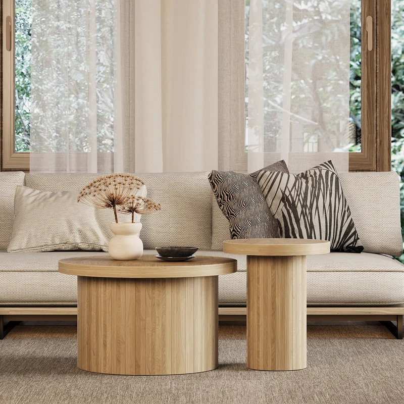 Ensemble de 2 tables basses gigognes rondes effet bois chêne design latté RIFTZORVAKYN