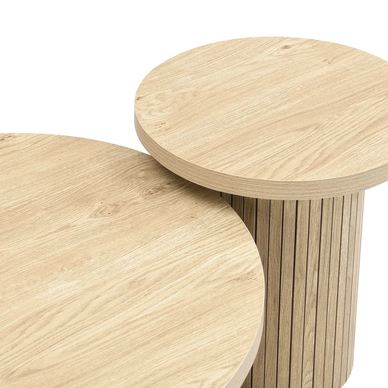 Ensemble de 2 tables basses gigognes rondes effet bois chêne design latté RIFTZORVAKYN
