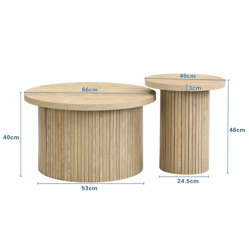 Ensemble de 2 tables basses gigognes rondes effet bois chêne design latté RIFTZORVAKYN