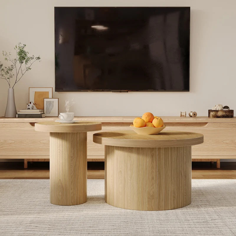 Ensemble de 2 tables basses gigognes rondes effet bois chêne design latté RIFTZORVAKYN