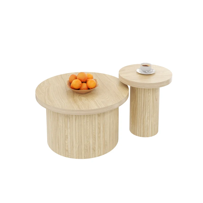 Ensemble de 2 tables basses gigognes rondes effet bois chêne design latté RIFTZORVAKYN