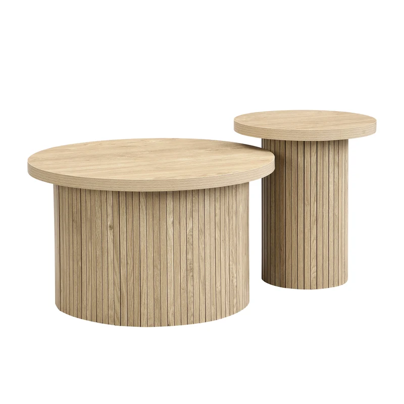 Ensemble de 2 tables basses gigognes rondes effet bois chêne design latté RIFTZORVAKYN