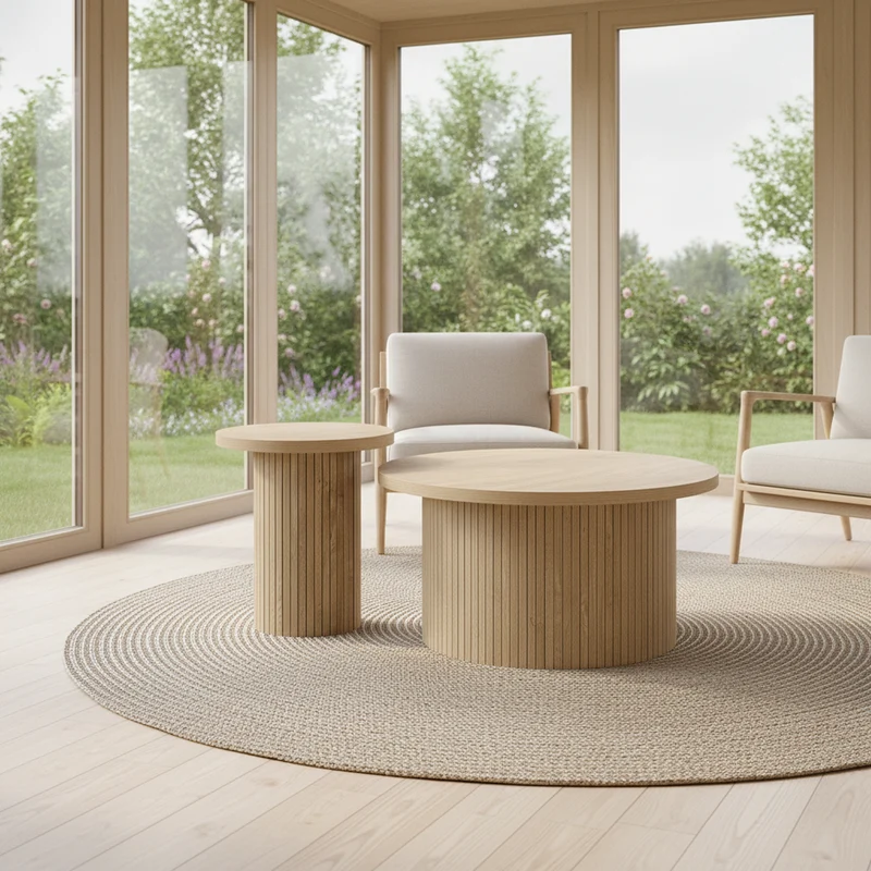Ensemble de 2 tables basses gigognes rondes effet bois chêne design latté RIFTZORVAKYN