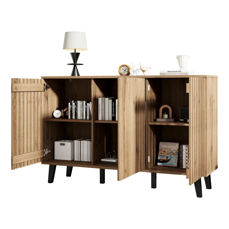 Buffet effet bois naturel design latté 3 portes, 6 compartiments 150x40x95cm RIFTMYRKONATH
