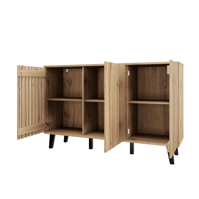 Buffet effet bois naturel design latté 3 portes, 6 compartiments 150x40x95cm RIFTMYRKONATH