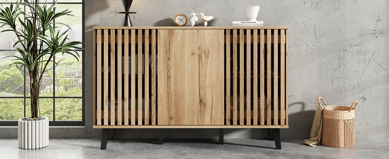 Buffet effet bois naturel design latté 3 portes, 6 compartiments 150x40x95cm RIFTMYRKONATH