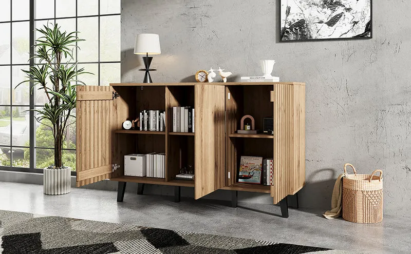 Buffet effet bois naturel design latté 3 portes, 6 compartiments 150x40x95cm RIFTMYRKONATH