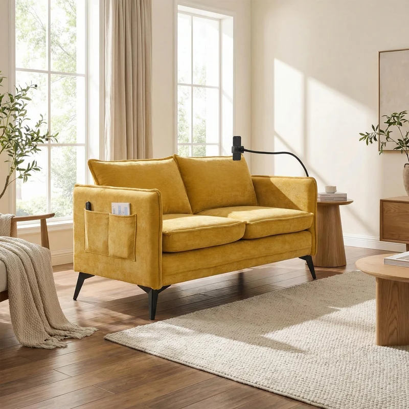 Canapé 2 places moderne chenille jaune poches latérales et support téléphone réglable 127x69x66cm CELESTEUM