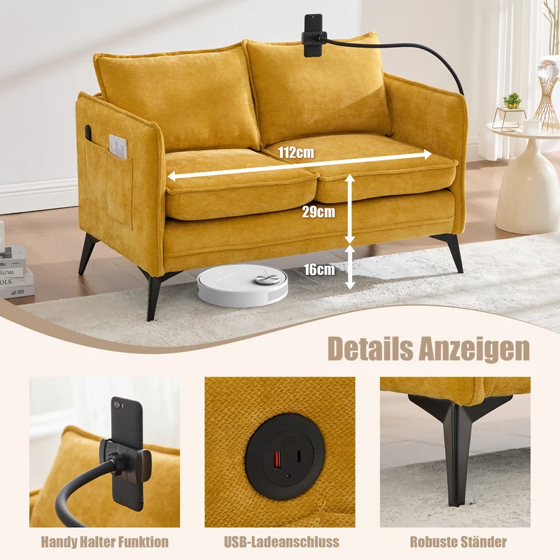 Canapé 2 places moderne chenille jaune poches latérales et support téléphone réglable 127x69x66cm CELESTEUM