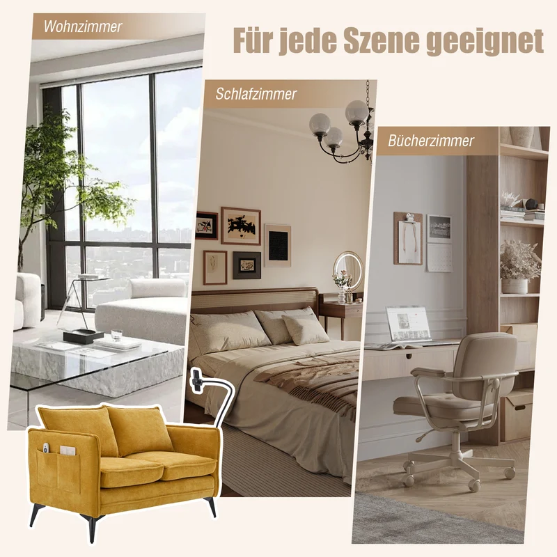 Canapé 2 places moderne chenille jaune poches latérales et support téléphone réglable 127x69x66cm CELESTEUM