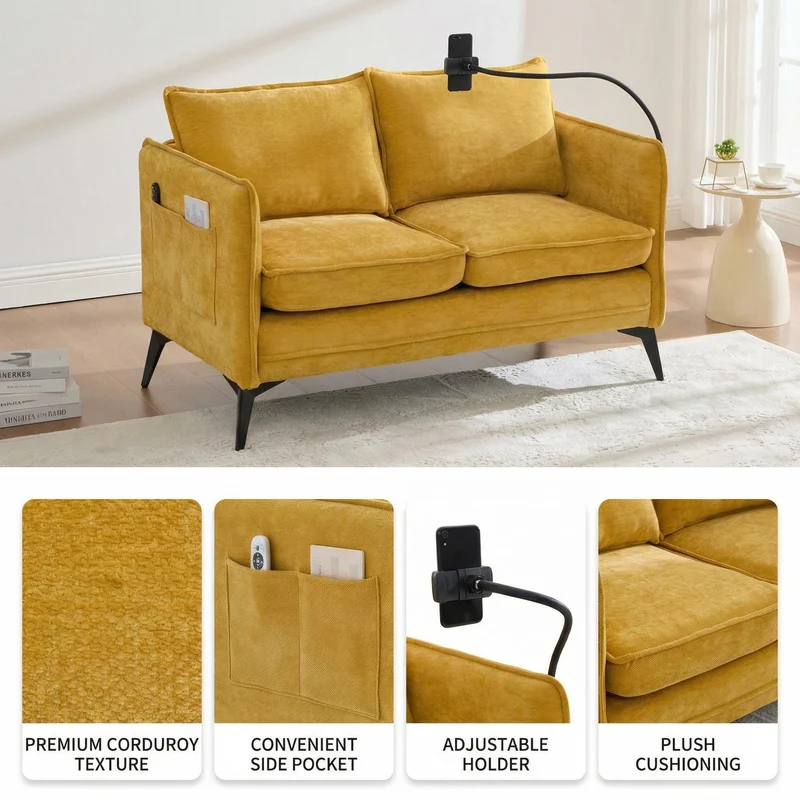 Canapé 2 places moderne chenille jaune poches latérales et support téléphone réglable 127x69x66cm CELESTEUM