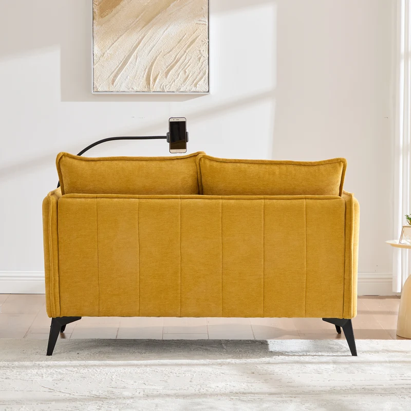 Canapé 2 places moderne chenille jaune poches latérales et support téléphone réglable 127x69x66cm CELESTEUM