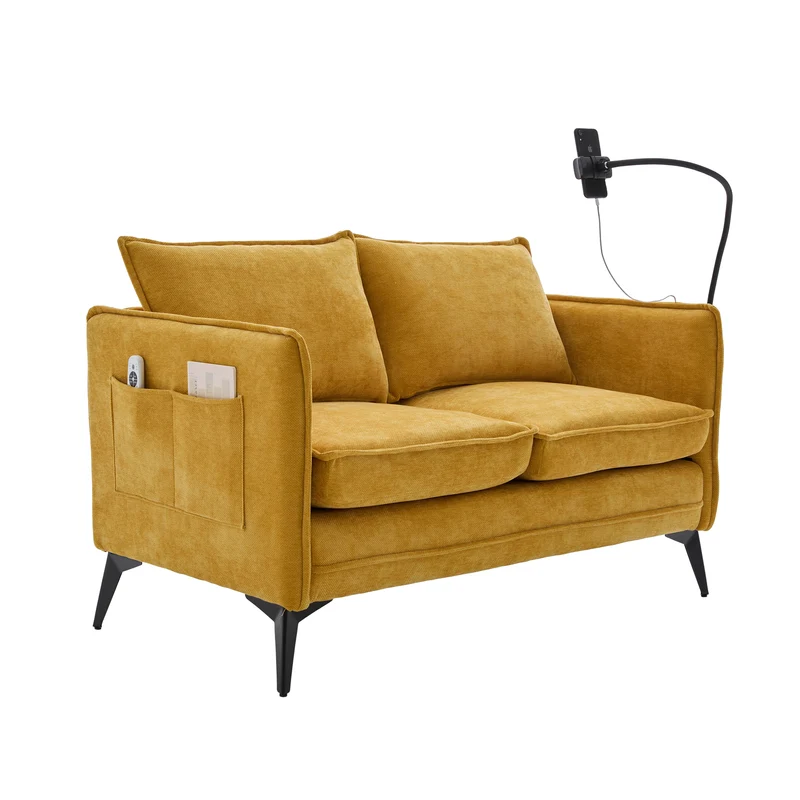 Canapé 2 places moderne chenille jaune poches latérales et support téléphone réglable 127x69x66cm CELESTEUM