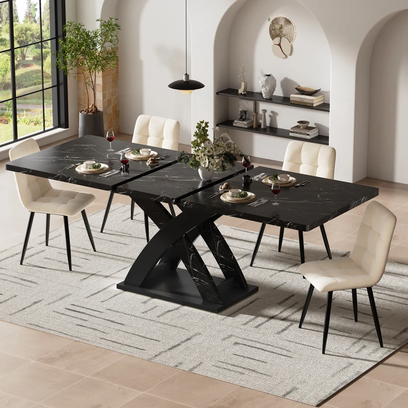 Table à manger extensible effet marbre noire 120-160cm pieds croisés RAYSTREAK