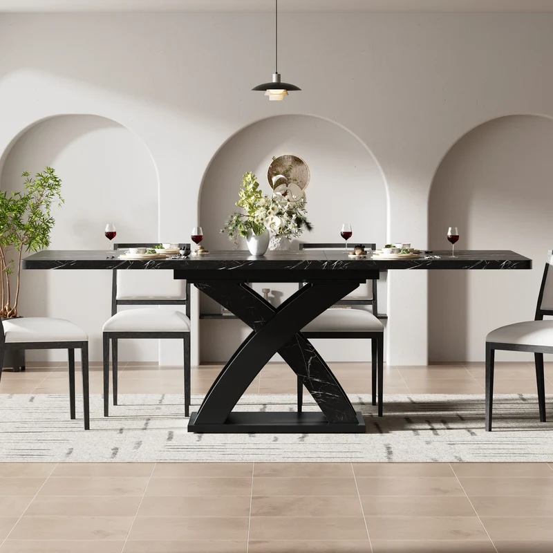 Table à manger extensible effet marbre noire 120-160cm pieds croisés RAYSTREAK