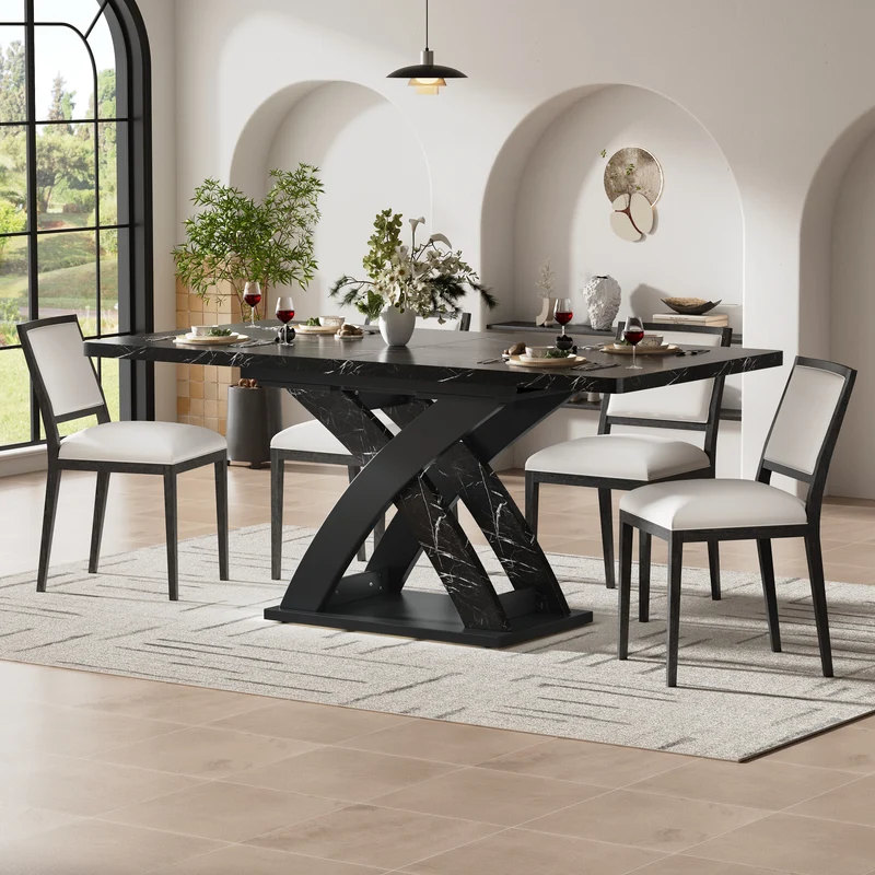 Table à manger extensible effet marbre noire 120-160cm pieds croisés RAYSTREAK