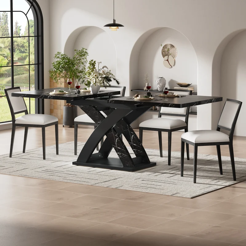 Table à manger extensible effet marbre noire 120-160cm pieds croisés RAYSTREAK