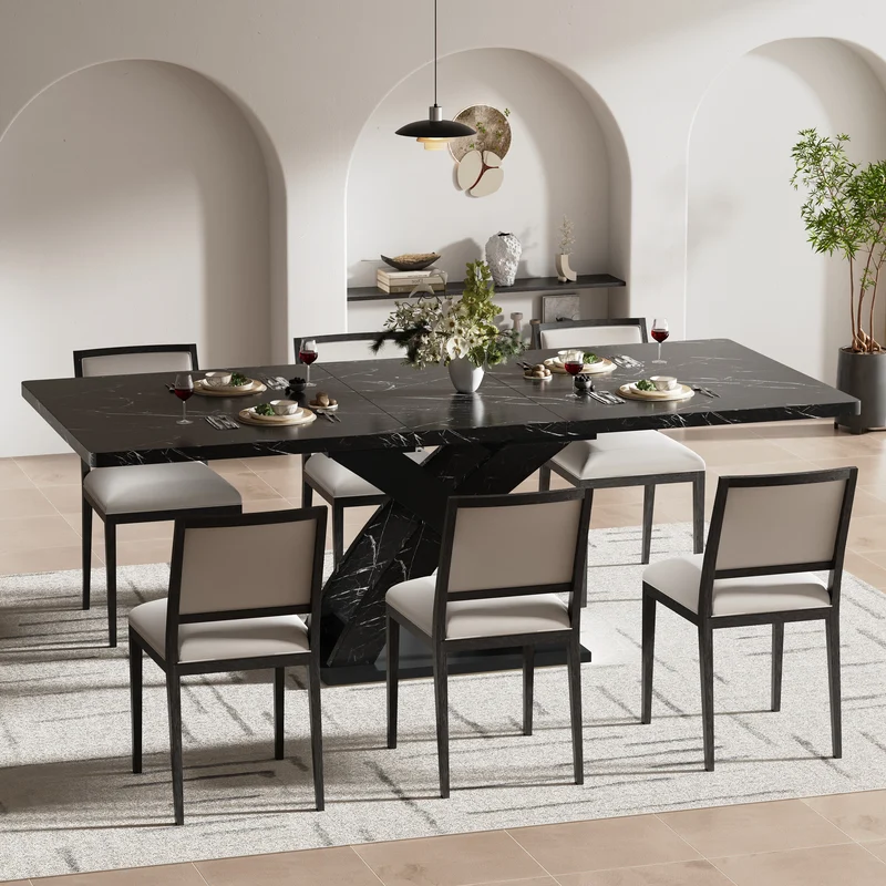 Table à manger extensible effet marbre noire 120-160cm pieds croisés RAYSTREAK