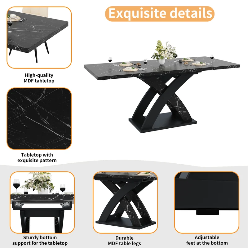 Table à manger extensible effet marbre noire 120-160cm pieds croisés RAYSTREAK