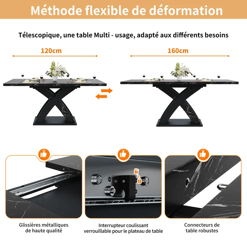 Table à manger extensible effet marbre noire 120-160cm pieds croisés RAYSTREAK