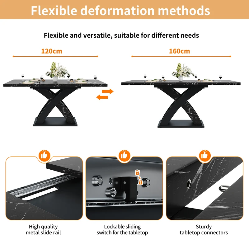 Table à manger extensible effet marbre noire 120-160cm pieds croisés RAYSTREAK