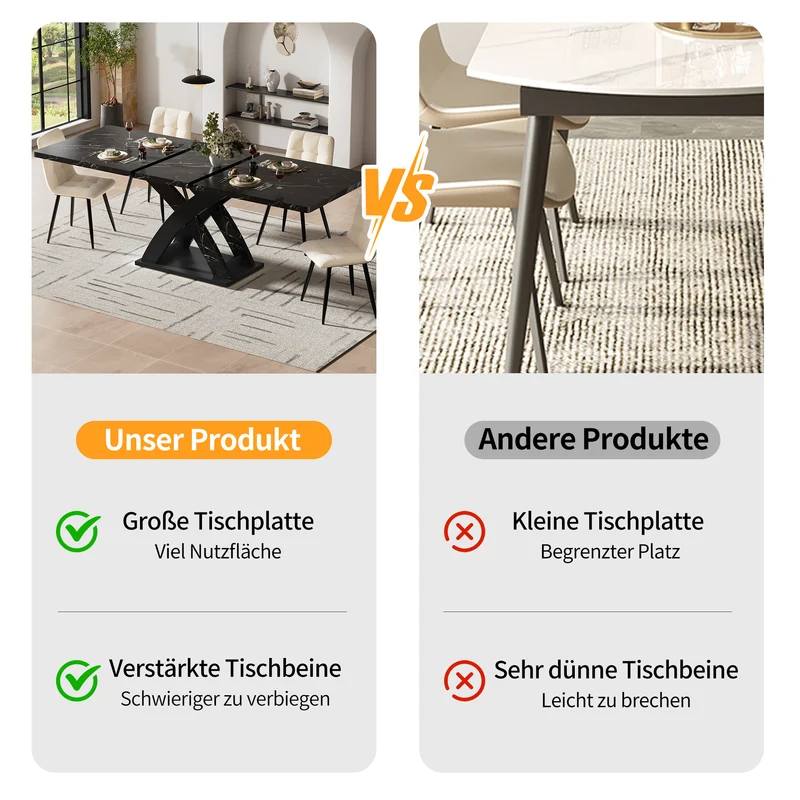 Table à manger extensible effet marbre noire 120-160cm pieds croisés RAYSTREAK
