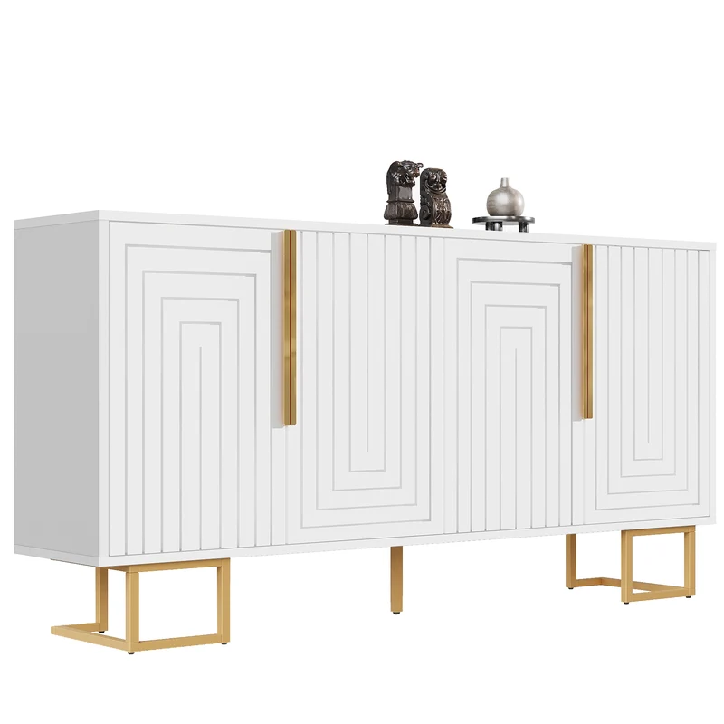 Buffet blanc portes à motif géométrique, poignées dorées 4 portes CEDARPEAK