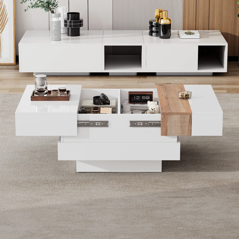Table basse carrée blanche brillante et bois plateau coulissant et rangement caché CEDARBROOK