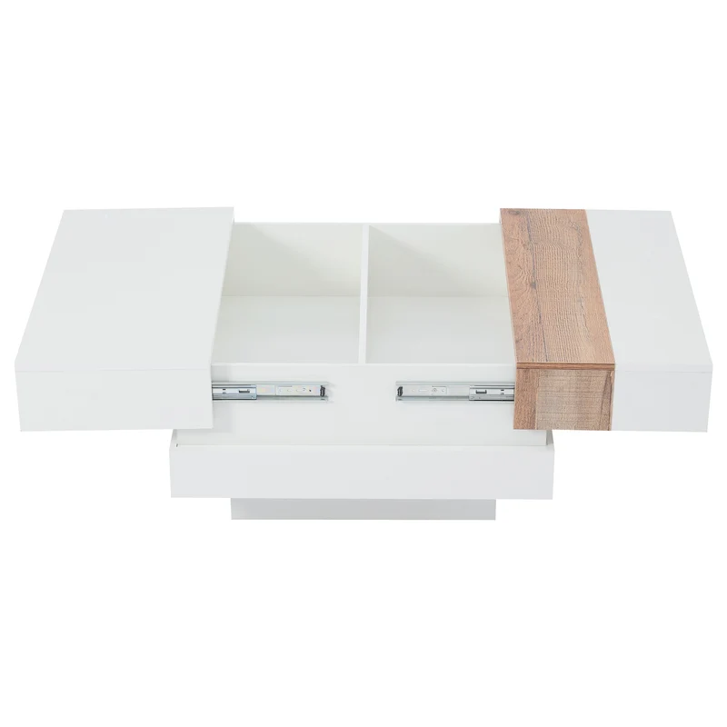 Table basse carrée blanche brillante et bois plateau coulissant et rangement caché CEDARBROOK